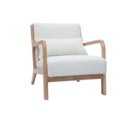 Fauteuil en tissu effet laine bouclée blanc et bois clair massif derry