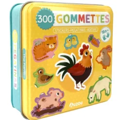 300 gommettes sur le thème de la ferme dans une boîte en métal