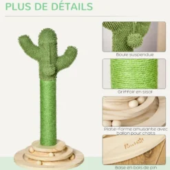 Griffoir chat design cactus - jouets intégrés - bois de pin sisal vert