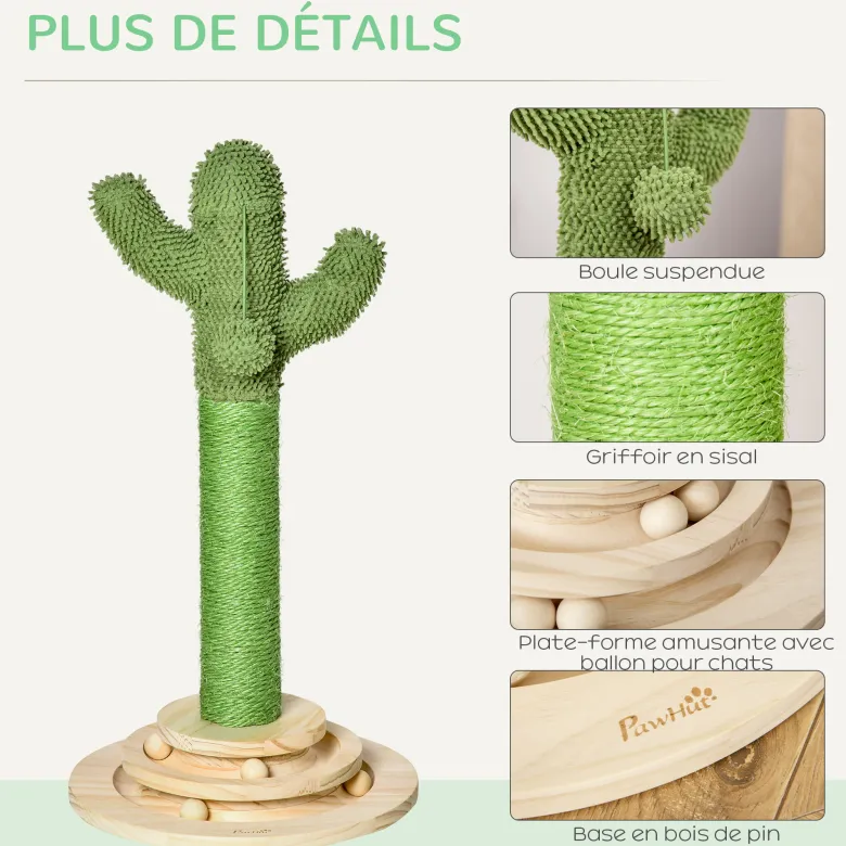 Griffoir chat design cactus - jouets intégrés - bois de pin sisal vert