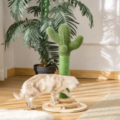 Griffoir chat design cactus - jouets intégrés - bois de pin sisal vert