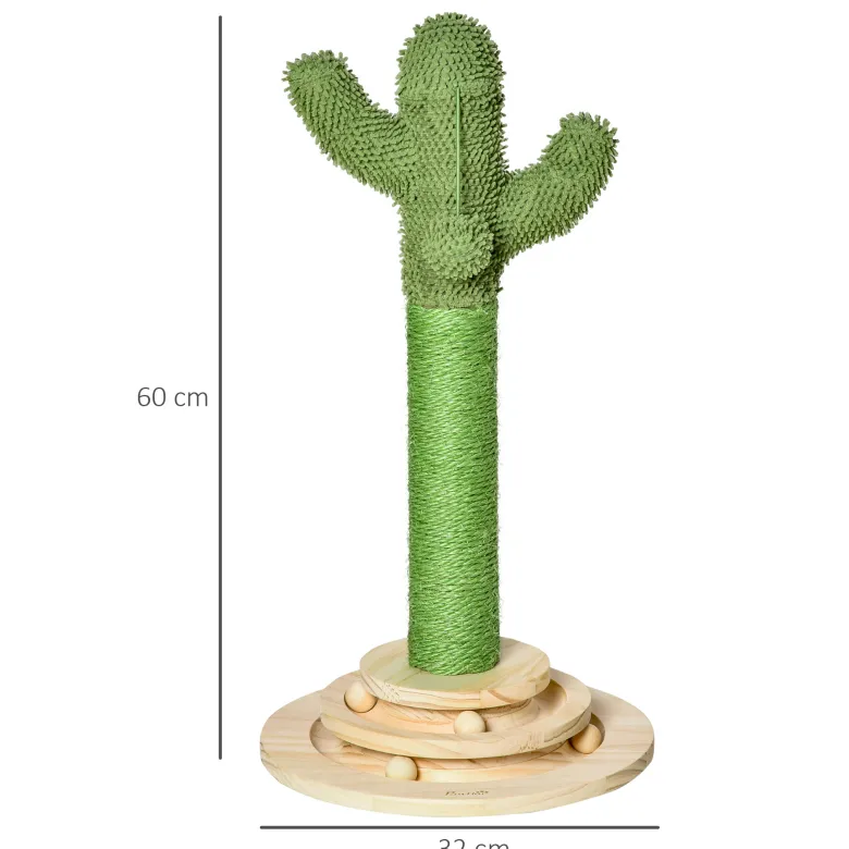Griffoir chat design cactus - jouets intégrés - bois de pin sisal vert