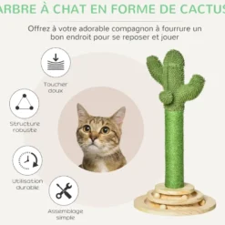 Griffoir chat design cactus - jouets intégrés - bois de pin sisal vert