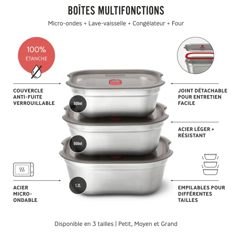 Lunch box en inox micro-ondable -set de 3 x 600ml