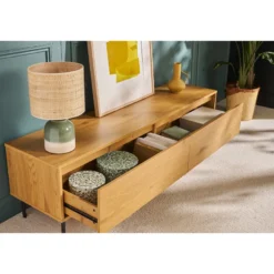 Meuble tv finition bois clair chêne 2 tiroirs l160 cm aragon