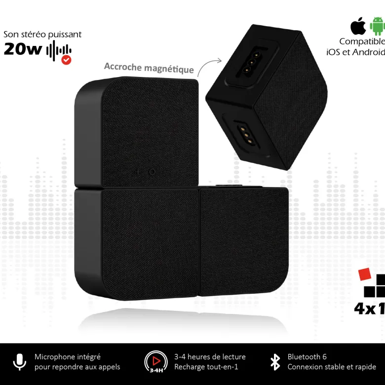 Mini mur d’enceintes bluetooth modulables 4-en-1, 20w rms rechargeable usb
