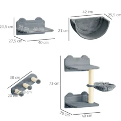 Mur d'escalade pour chat - griffoirs, plateformes, 2 paniers, échelle - gris
