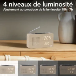 Radio réveil led avec finition bois