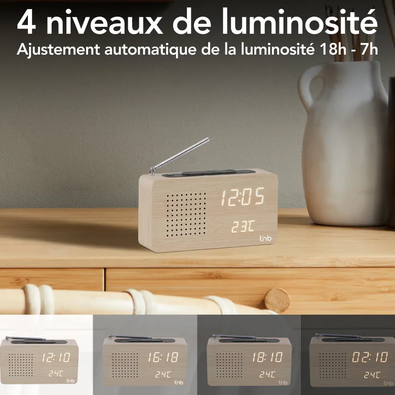 Radio réveil led avec finition bois