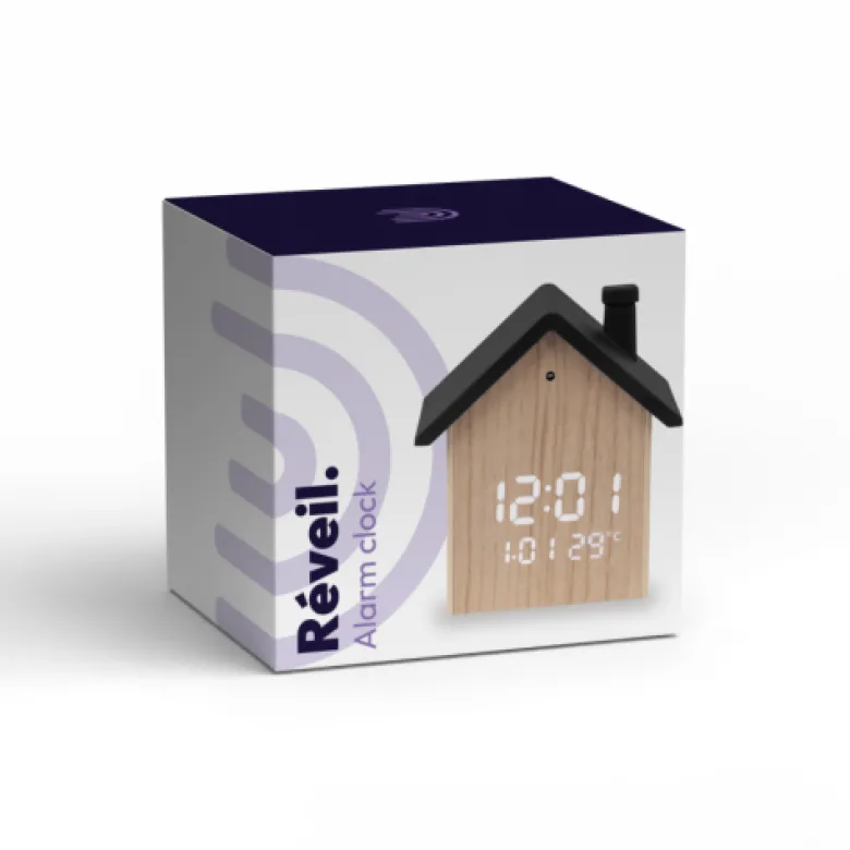 Réveil digital maison aspect bois