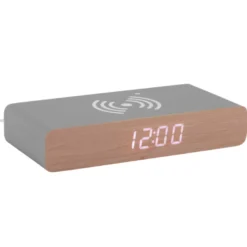 Réveil Rétro Flat Karlsson affichage led chargeur à induction coque en bois Gris