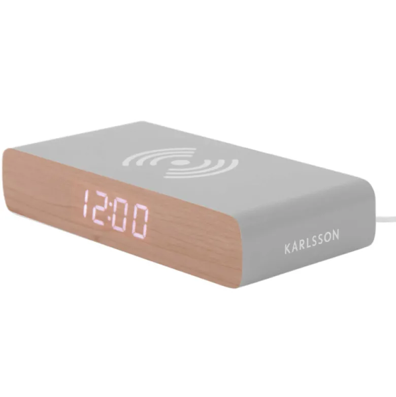 Réveil Rétro Flat Karlsson affichage led chargeur à induction coque en bois Gris