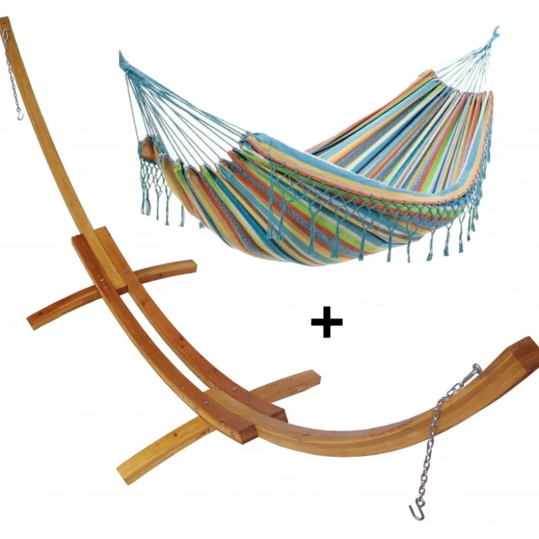 Set support bois avec hamac double franges pastel