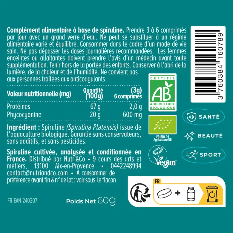 Spiruline française bio - tonus 20 jours