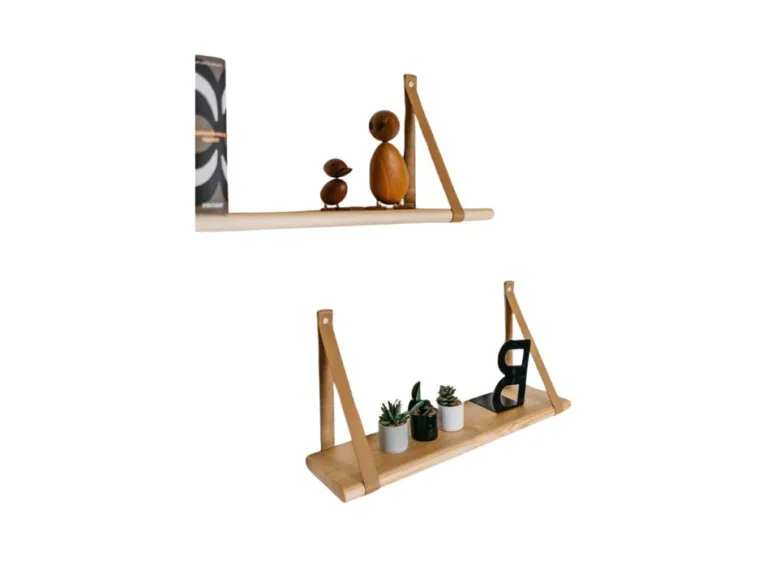 Étagère flottante bois sangle cuir 90cm