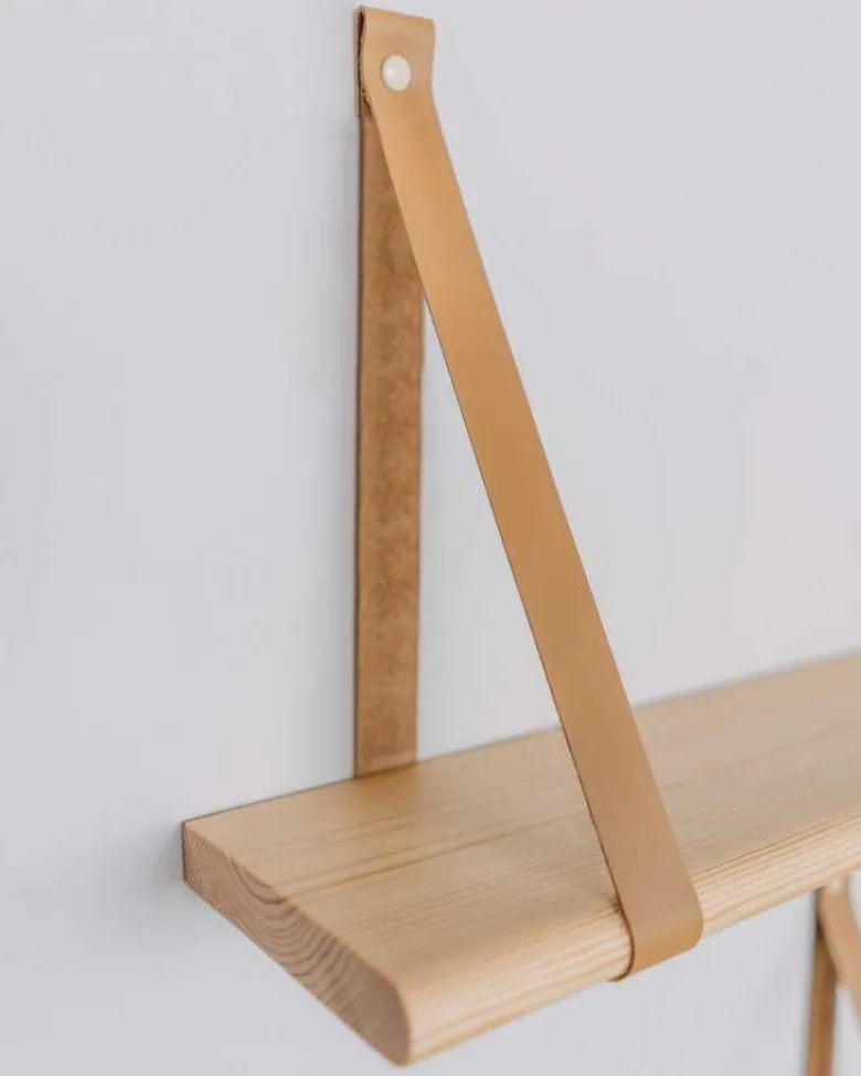 Étagère flottante bois sangle cuir 90cm