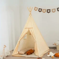 Tipi avec pompons pour enfant beige