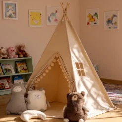 Tipi gros pompons avec tapis pour enfant en polyester taupe